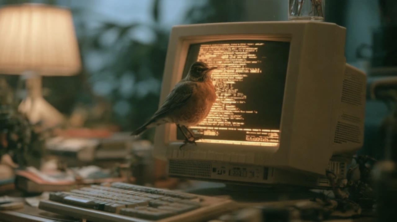 A small bird standing in front of a glowing amber terminal screen, close up.
