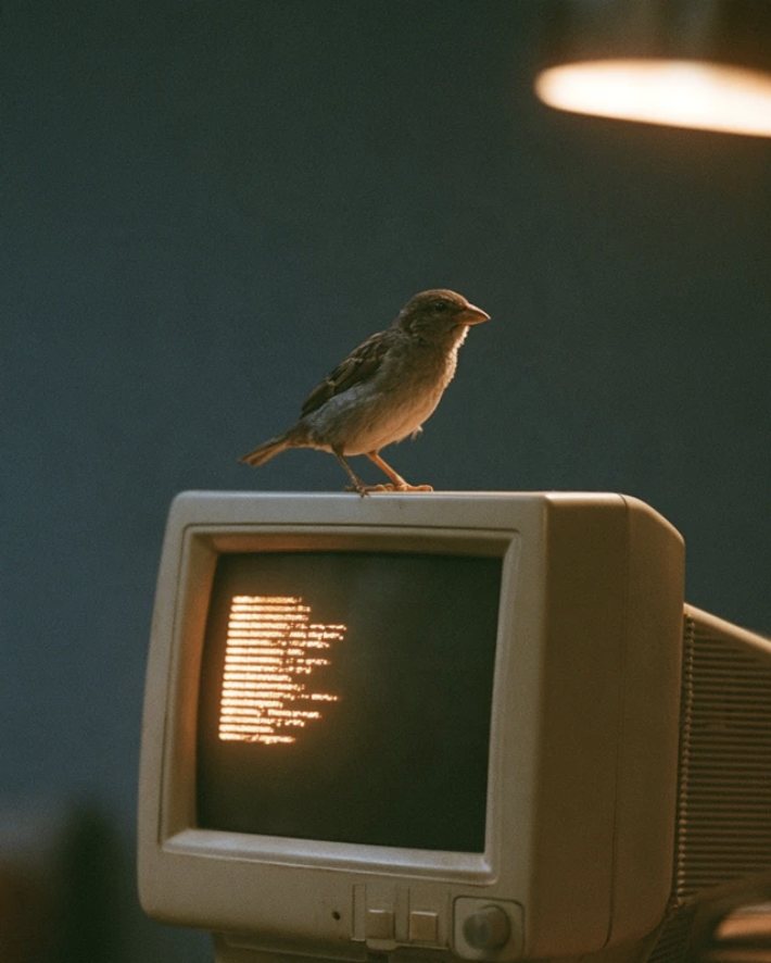 A sparrow perched on top of an old beige computer monitor glowing with amber terminal text, under a lamp at night.