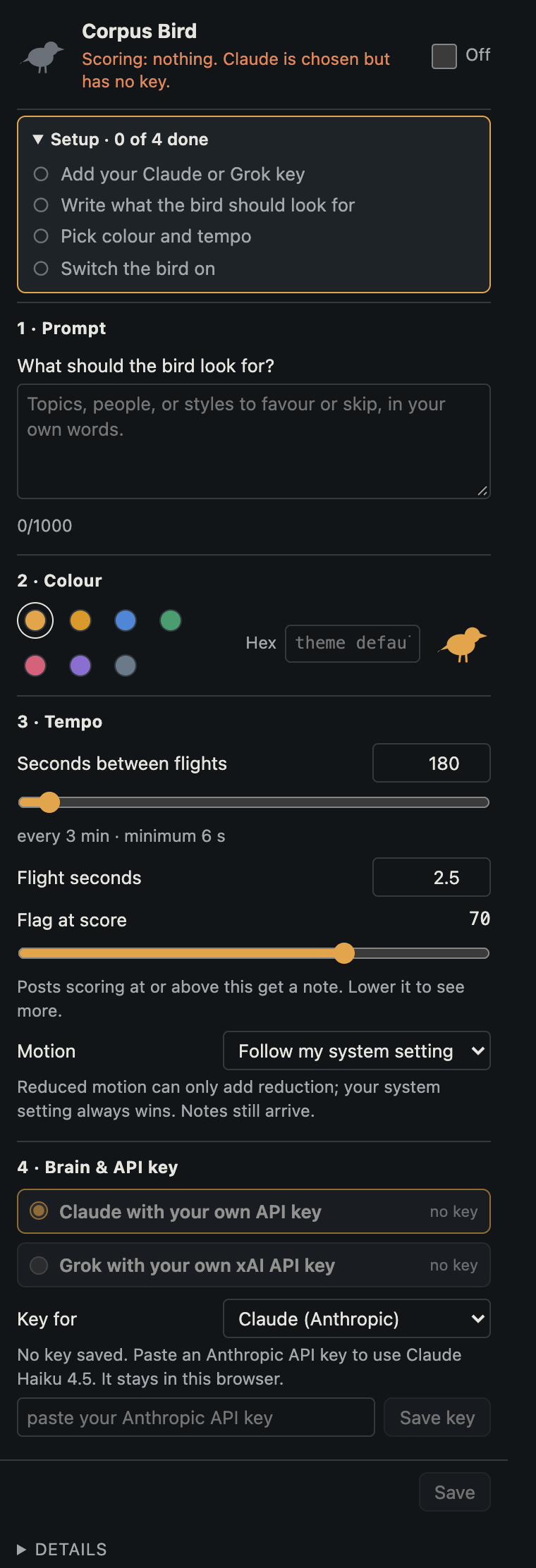 The Corpus Bird popup on first run: a four-step setup checklist, then Prompt, Colour, Tempo with a Flag at score slider, and Brain and API key.